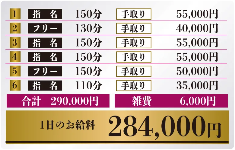 手取り合計290,000円 雑費6,000円 1日のお給料284,000円
